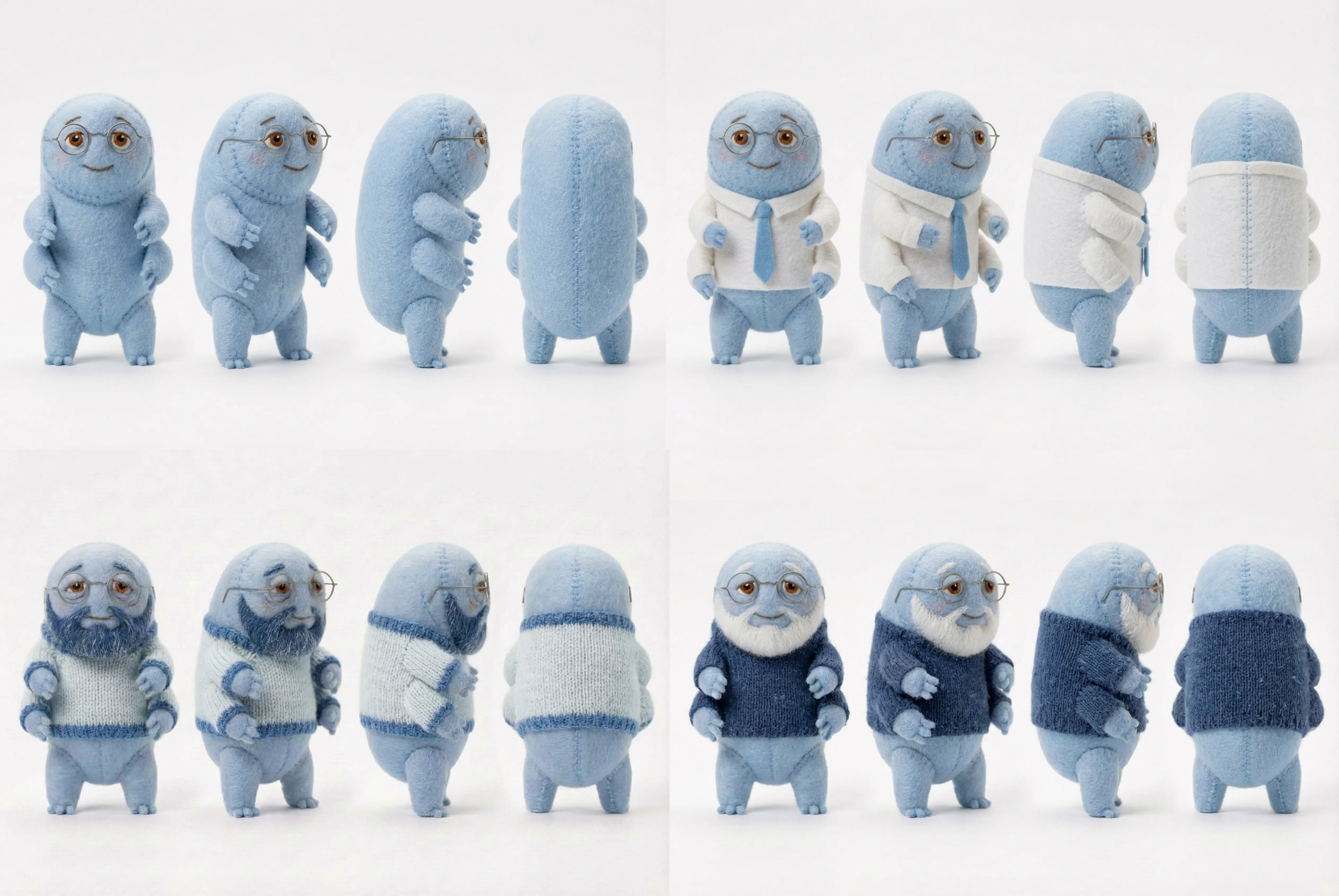 Character sheet showing Blue, a small blue felt creature, in multiple views and life stages including neutral form, dressed version, and elderly variations.