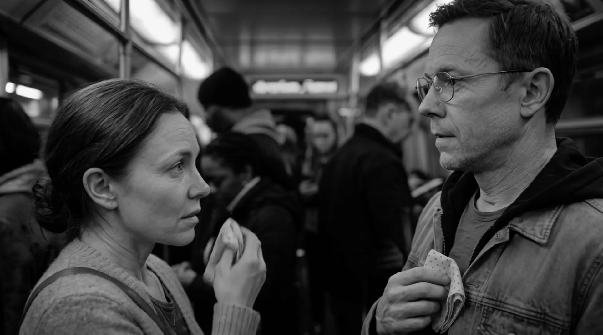 A man and woman facing each other on a crowded tram, holding tissues after a sneeze, sharing a quiet moment of recognition.