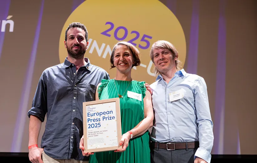 Receiving the European Press Prize for Innovation (Runner-up) for Road to Redemption: Uri Talshir (Project Manager), Idit Frenkel (Designer), and myself.