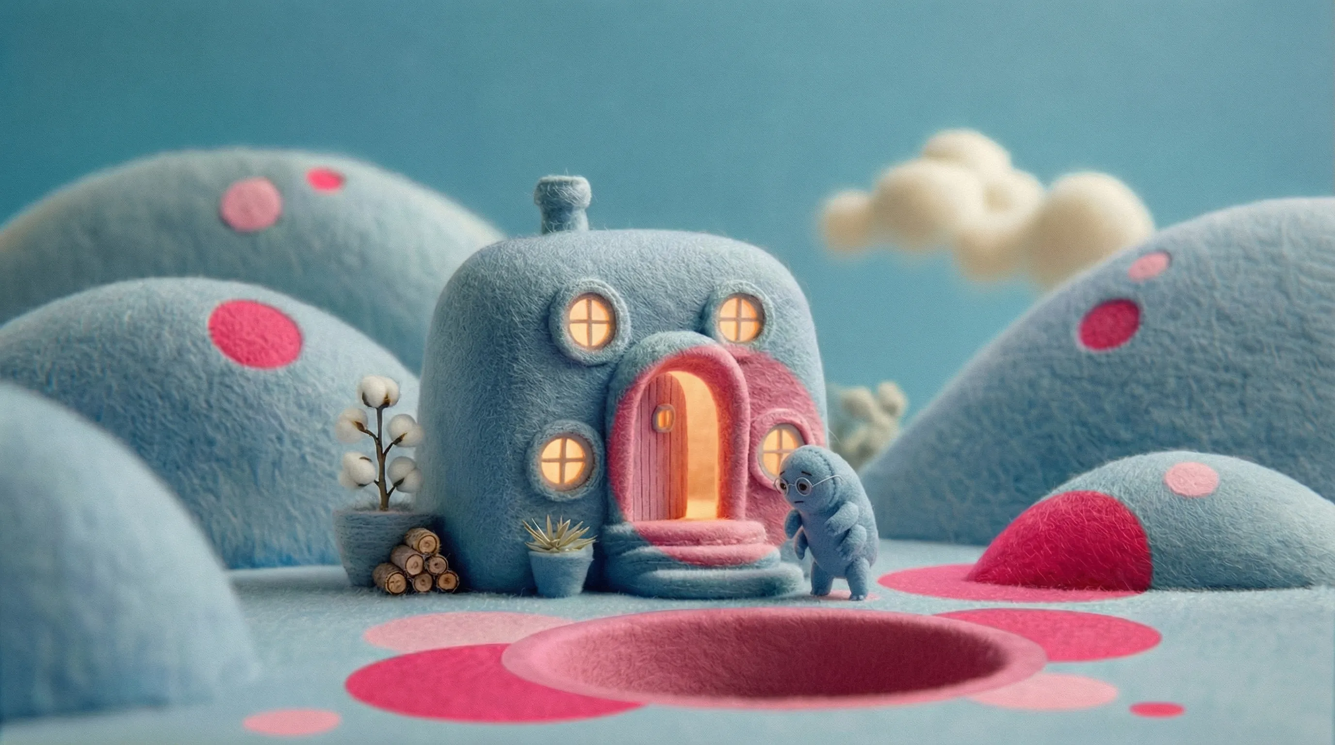 Blue standing outside a soft felt house, looking into a pink crater in a stylized blue and pink landscape.